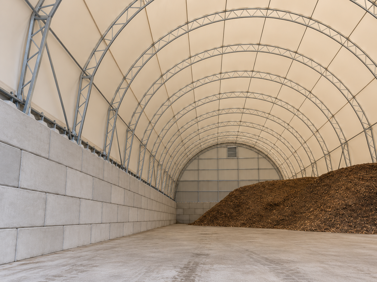 Deux aires de stockage agricole couvertes par une toiture arquée sur murs en blocs béton