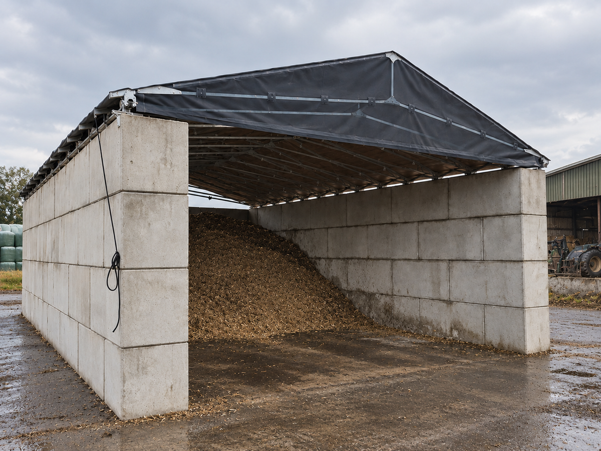 Cases de stockage extérieures en blocs béton empilables, chargées à l'aide d'un engin de manutention