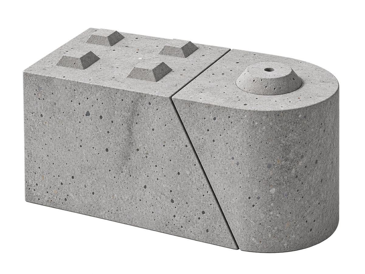 Bloc béton V-Bloc à ergots accolé à un élément de terminaison arrondi, vue en perspective