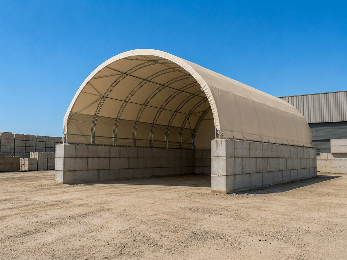 abri Silitech couvrant une zone de stockage de vrac sur murs en blocs béton