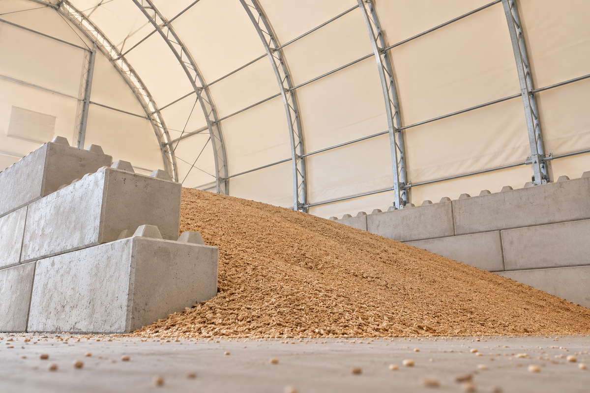 Abri de stockage sous couverture cintrée en toile posée sur des murs en blocs béton