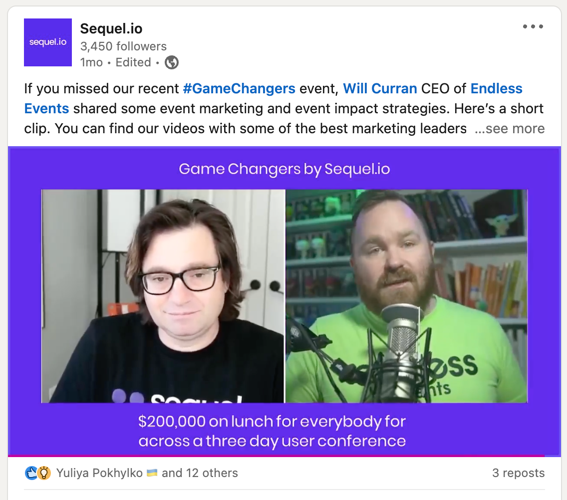 An example of how sequel.io uses their webinar content on LinkedIn