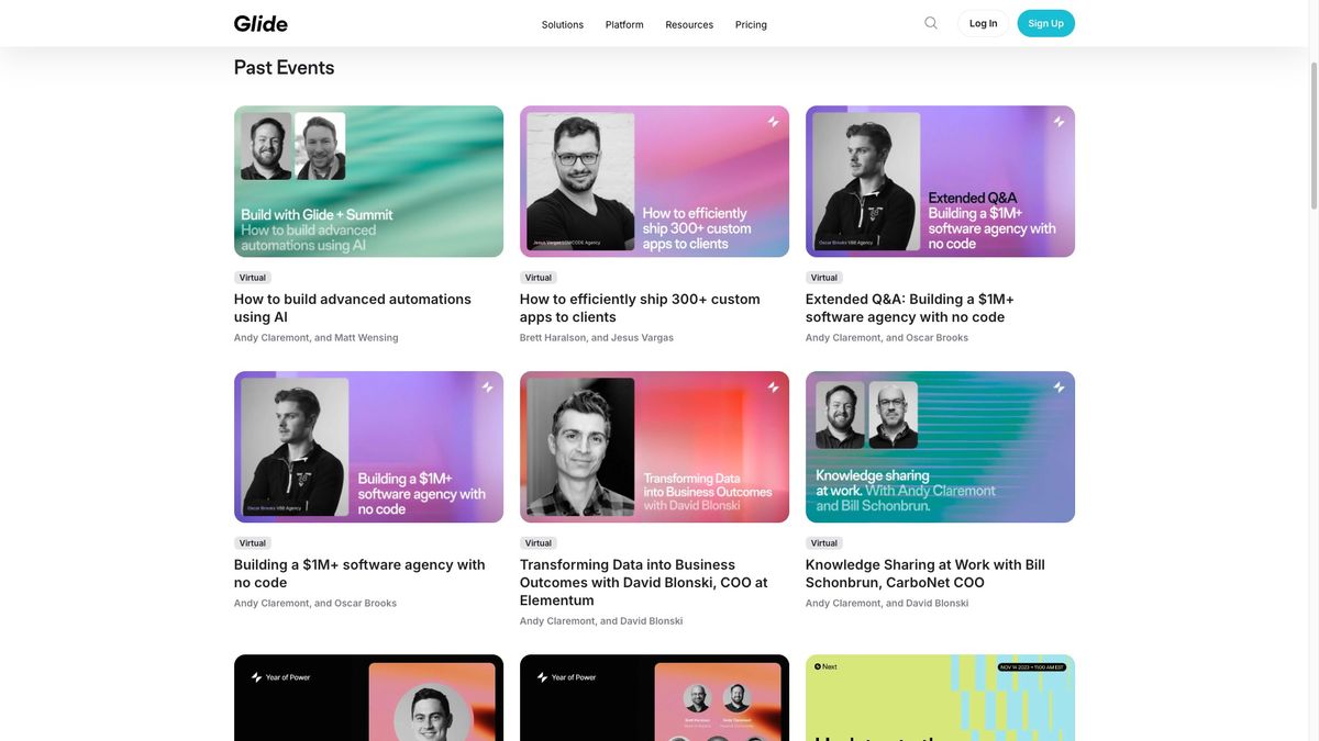 Glide events, running on their own website