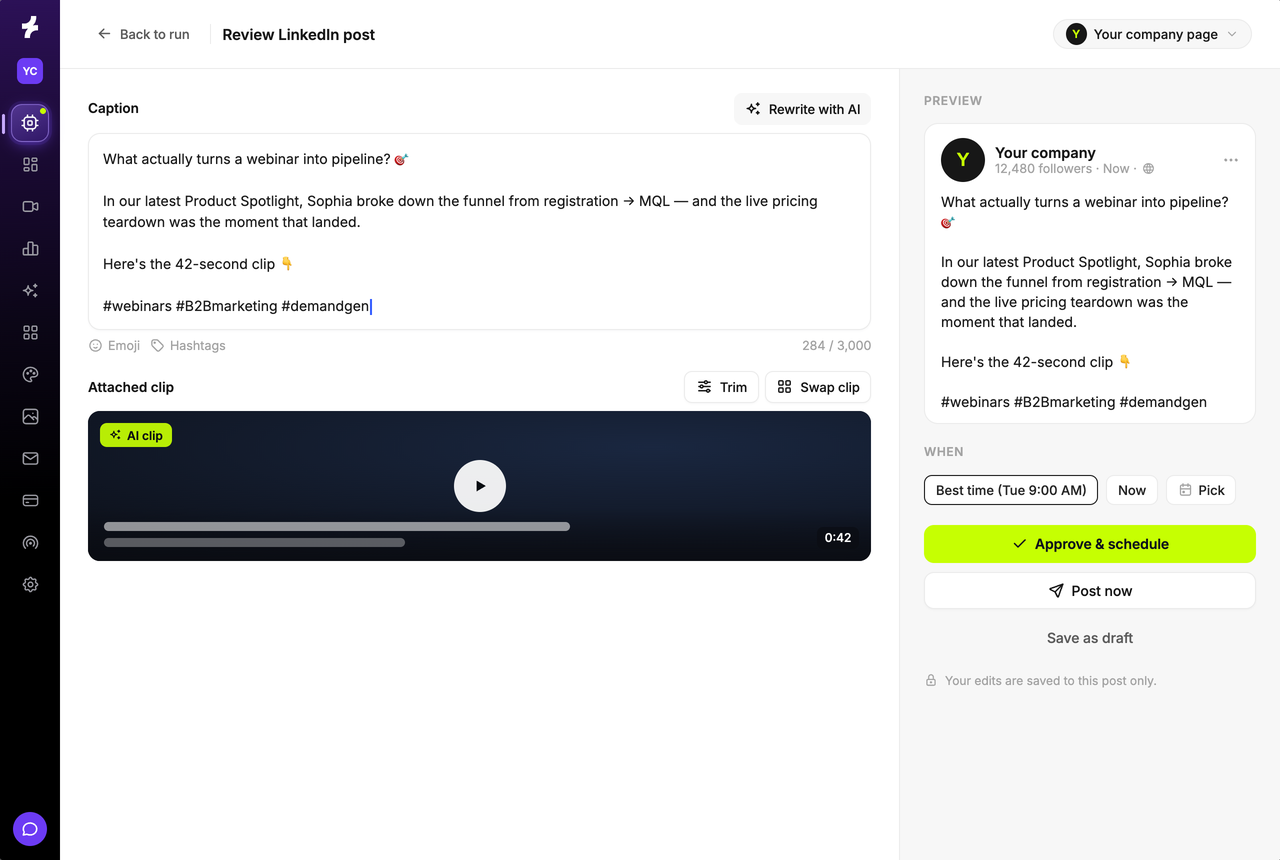 Reviewing the drafted LinkedIn post in Sequel — editing the caption, trimming or swapping the clip, and a live preview beside Approve & schedule.
