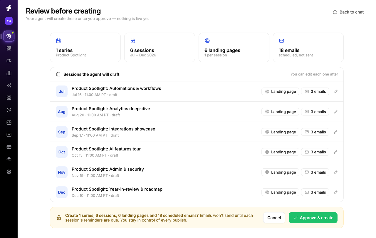 A review screen listing every session, landing page and email Sequel will create, with an Approve and create button.