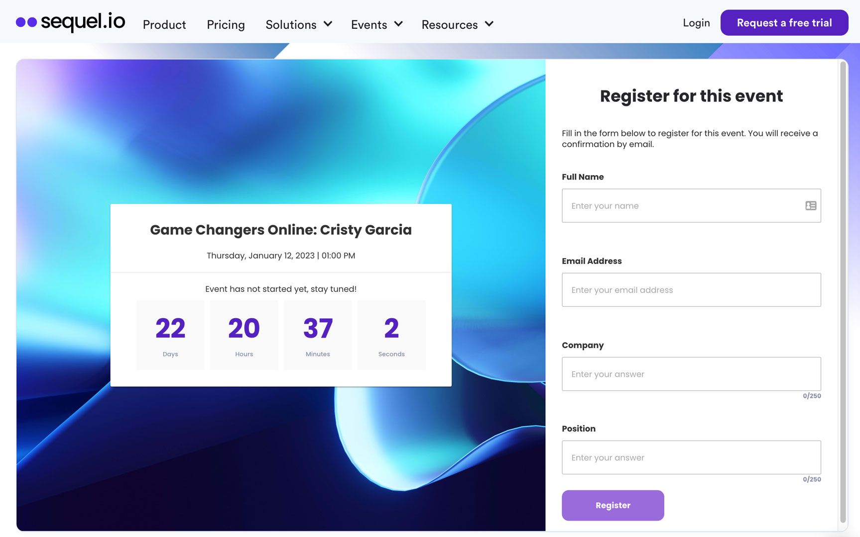A registration form for Game Changers by sequel.io