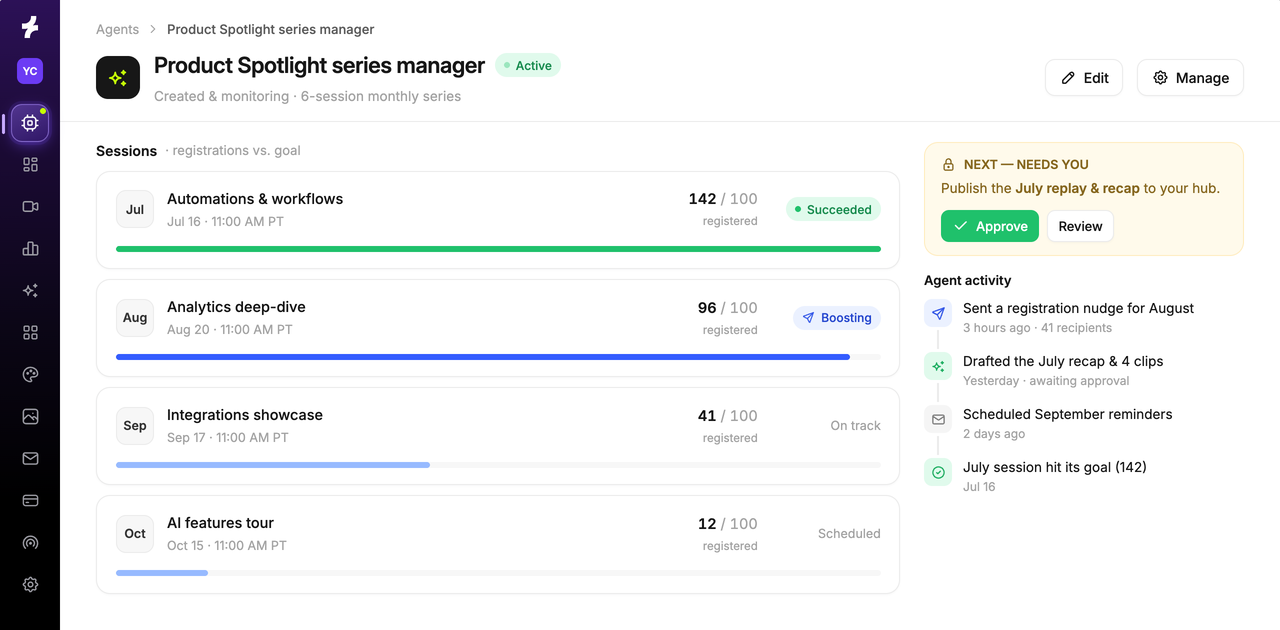 An agent monitoring a live series, showing registrations against goal for each session and the next item awaiting approval.