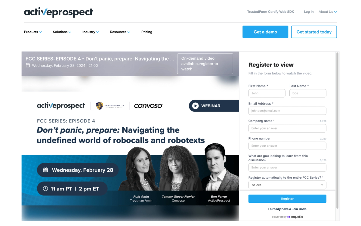 ActiveProspect events, running on their own website