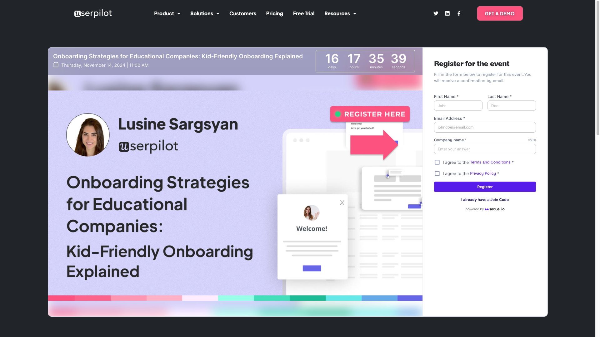 Userpilot events running on their own website — screenshot 2