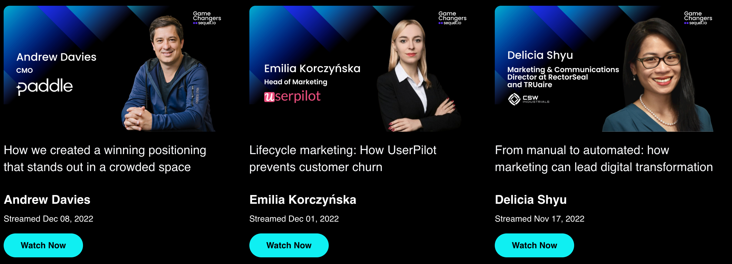 An example of a guest speaker list from sequel.io's webinar series, Game Changers