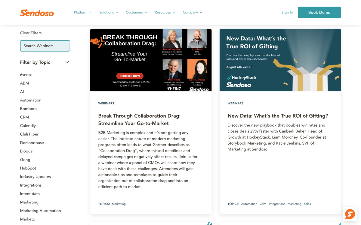 Sendoso events, running on their own website