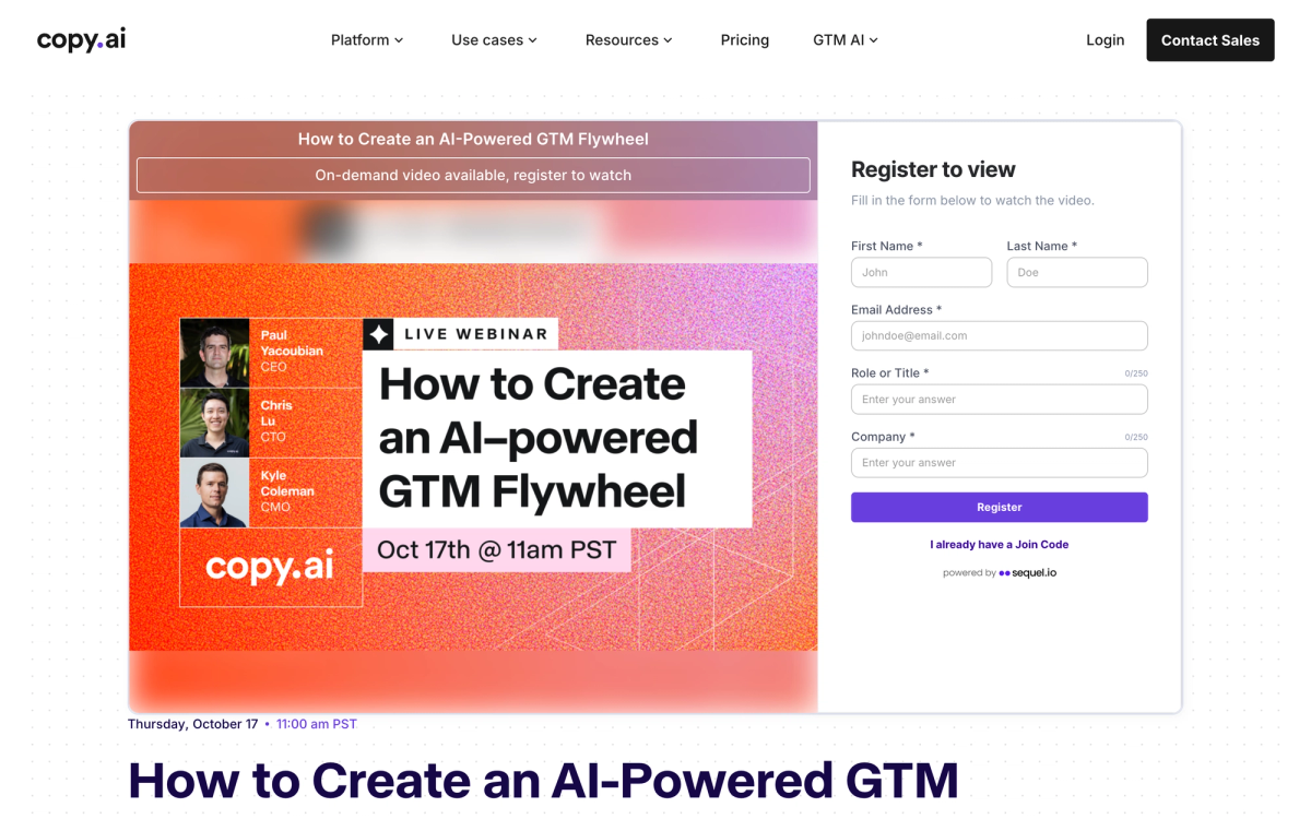 Copy.ai events, running on their own website