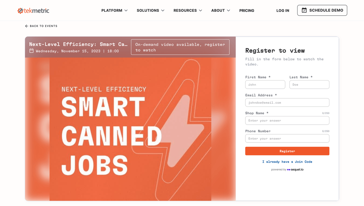 Tekmetric events, running on their own website