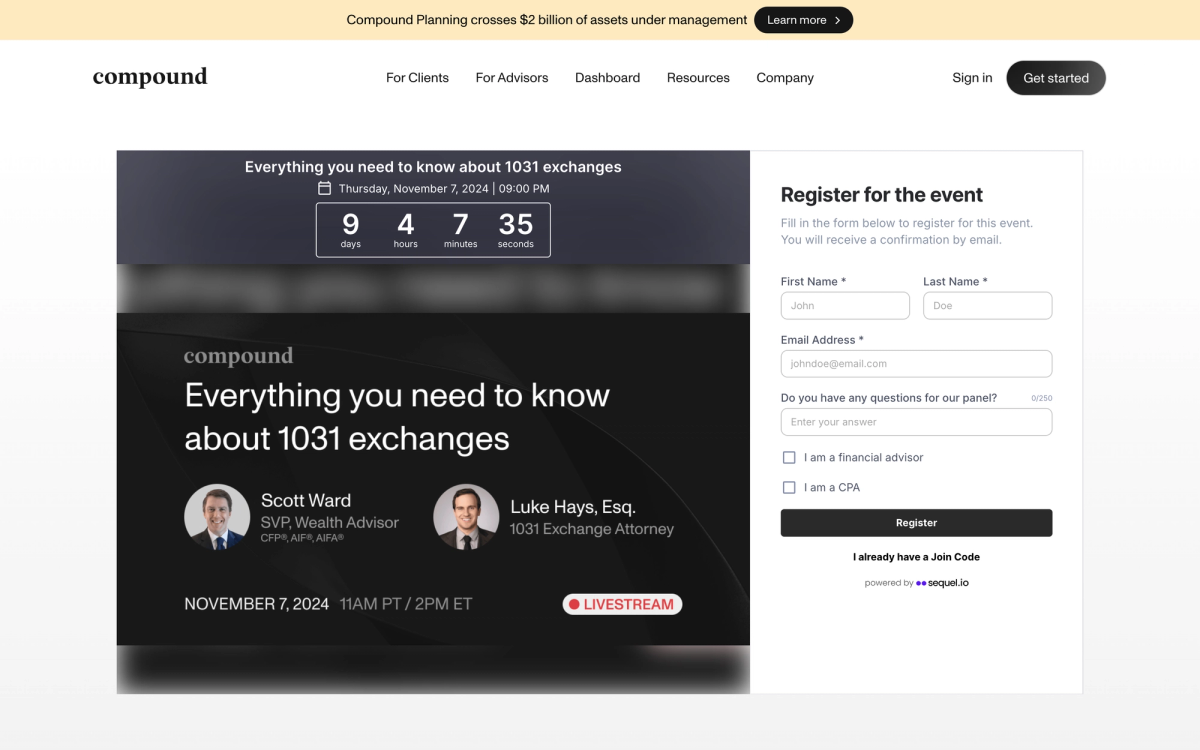 Compound Planning events, running on their own website