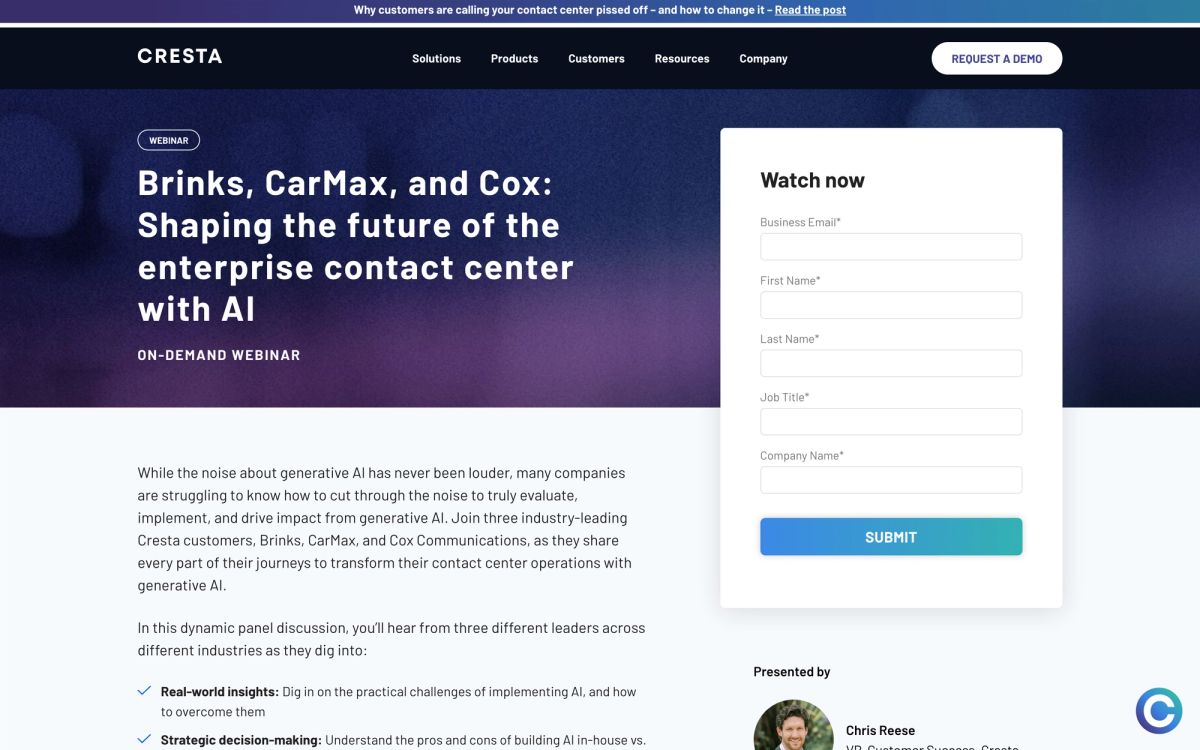 Cresta events, running on their own website