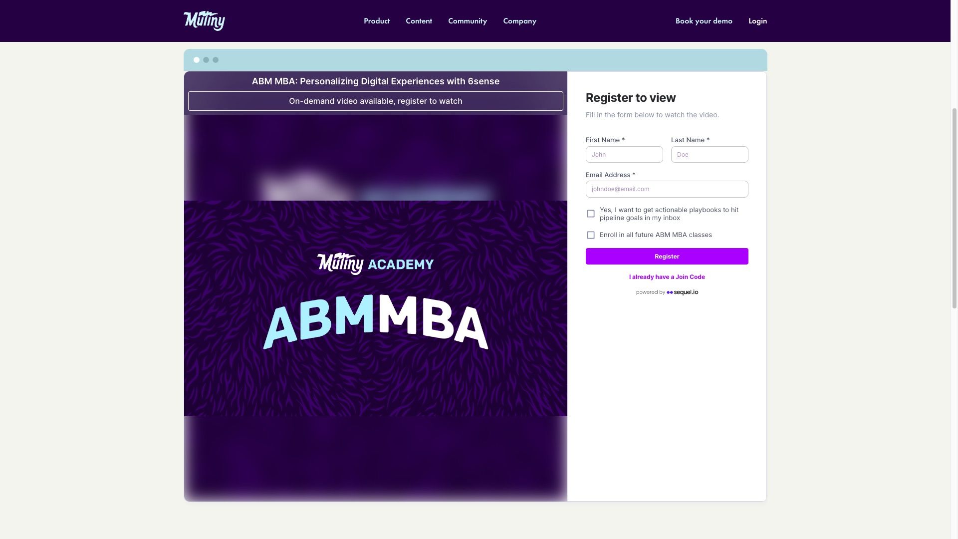 Mutiny events running on their own website — screenshot 4