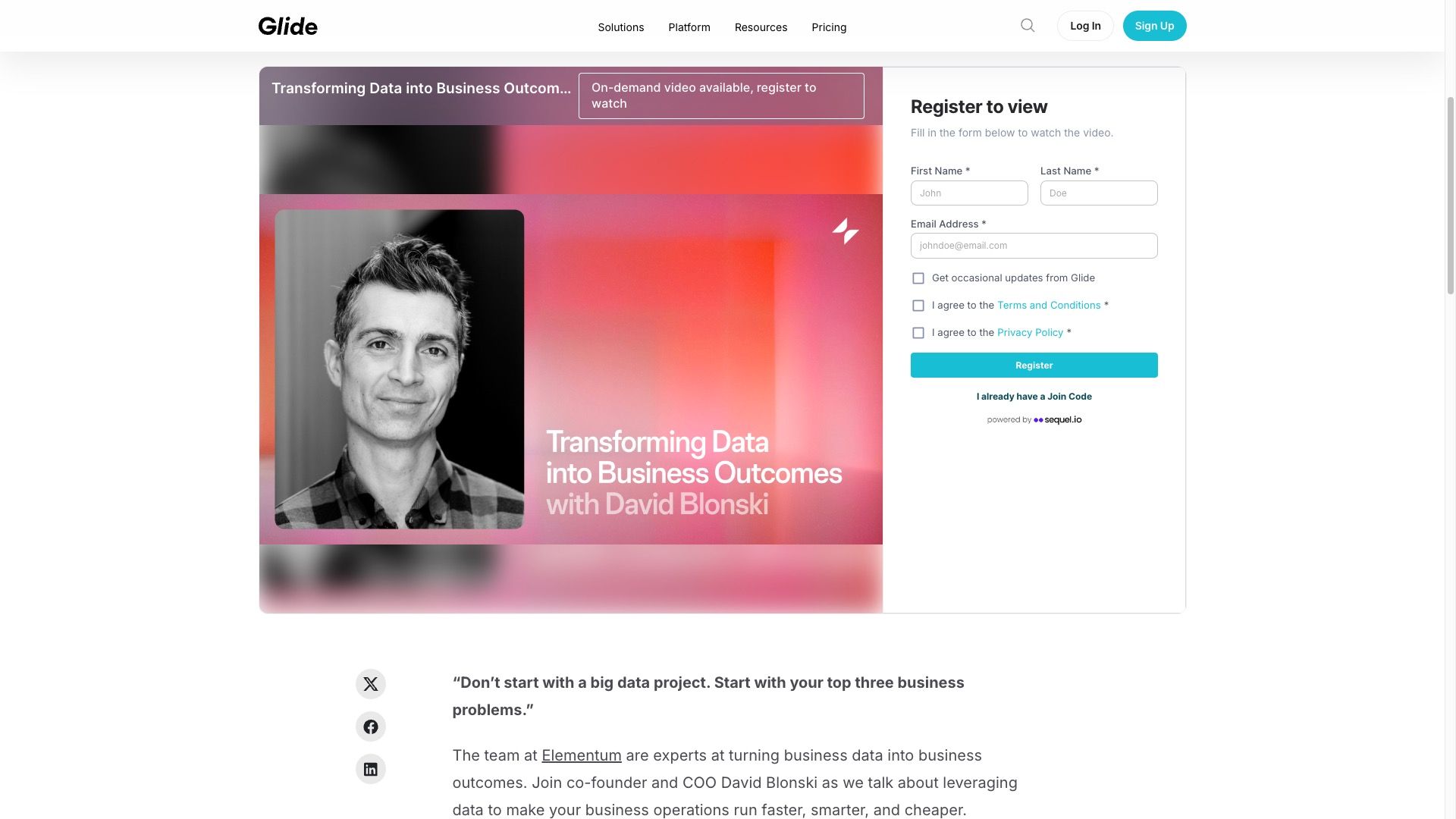 Glide events running on their own website — screenshot 2