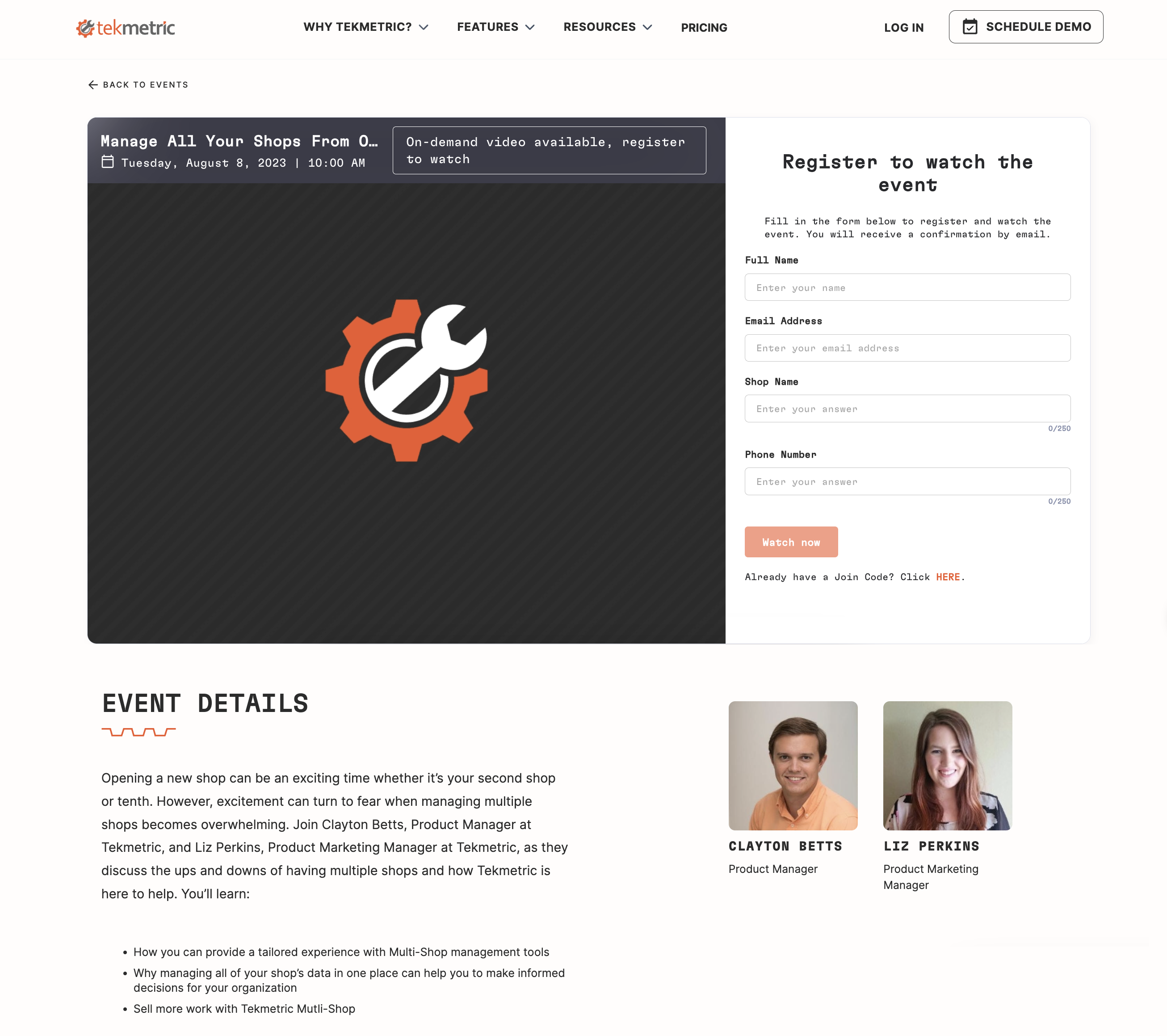 How tekmetric designs their webinar landing pages