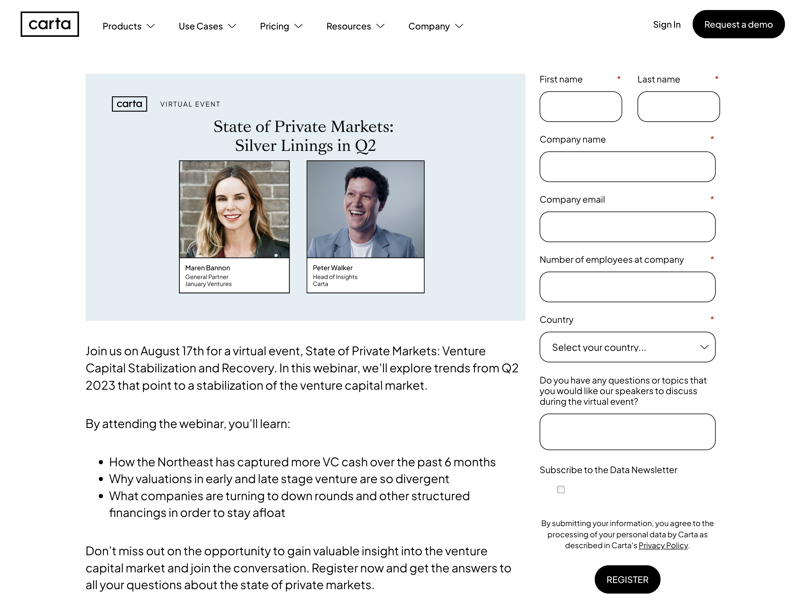 a webinar landing page example from Carta