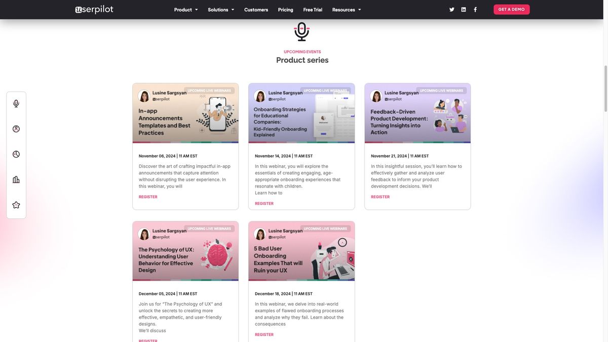 Userpilot events, running on their own website