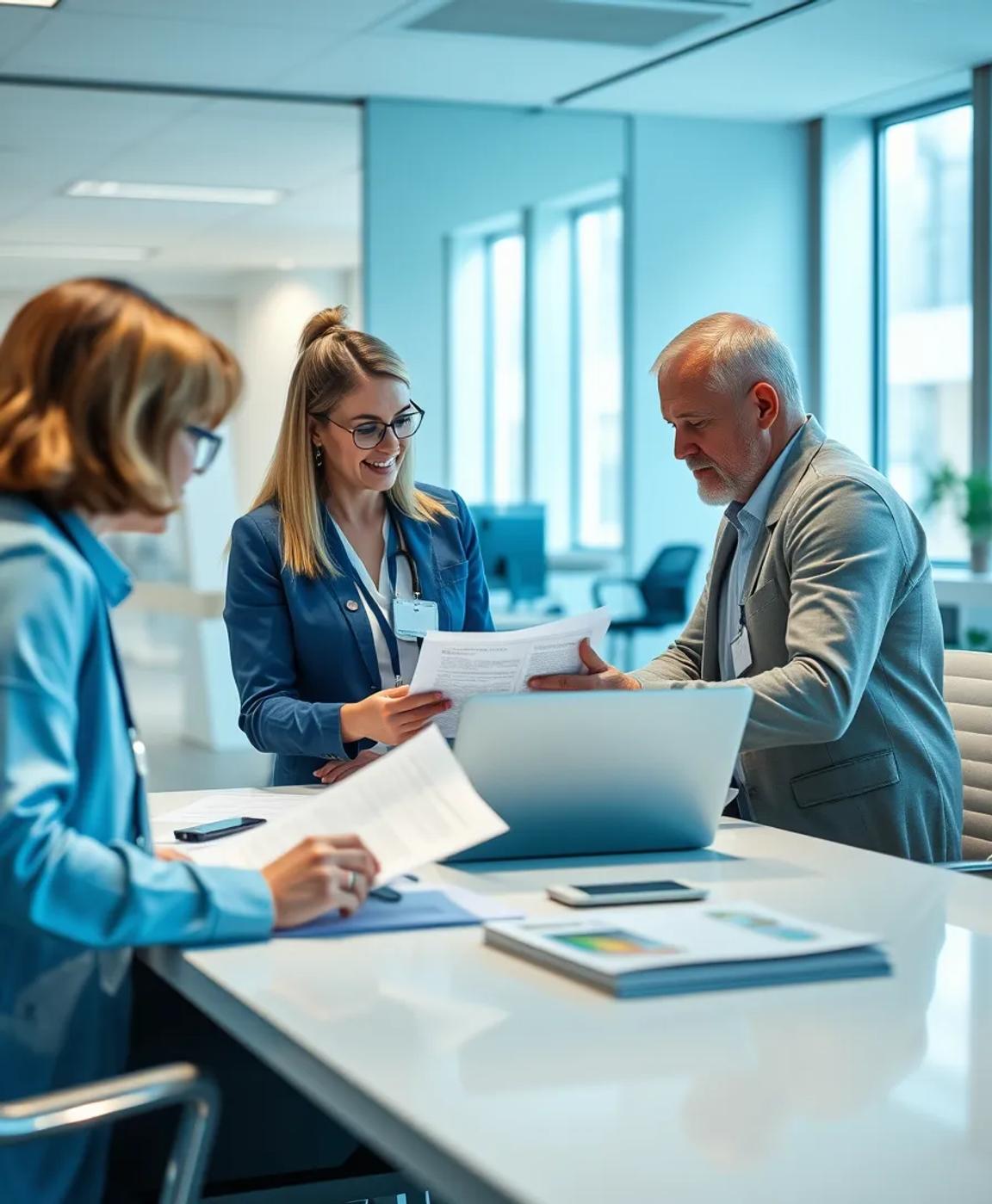 A healthcare governance team reviewing quarterly reports together