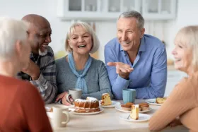 Multiracial group of happy senior people sitting around table drinking tea with cake and having conversation, smiling and laughing, enjoying time at retirement community