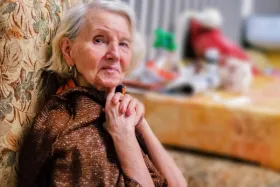 A senior woman sits in a chair with her hands clasped.
