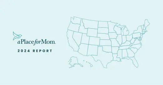 A Place for Mom 2024 report cover featuring a map of the United States, representing assisted living state rankings.