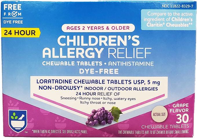 Rite Aid - Children's Non-Drowsy Allergy Relief Chewable Tablets, Grape Flavor, Loratadine, 5 mg - 30 Count , Children's Allergy Medicine , Allergy Medication Tablets for Kids