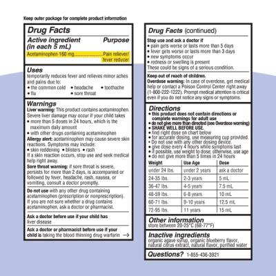 Genexa Kids' Pain & Fever Acetaminophen Suspension Medicine Carton and Bottle Drug fact