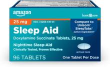 Amazon Basic - Care Sleep Aid Tablets, Doxylamine Succinate Tablets, 25 mg, Nighttime Sleep Aid to Help You Fall Asleep, White, 96 Count