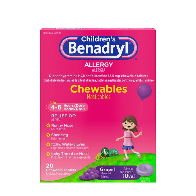 Children's Benadryl - Allergy Chewable Tablets, Grape Flavor, 20 ct
