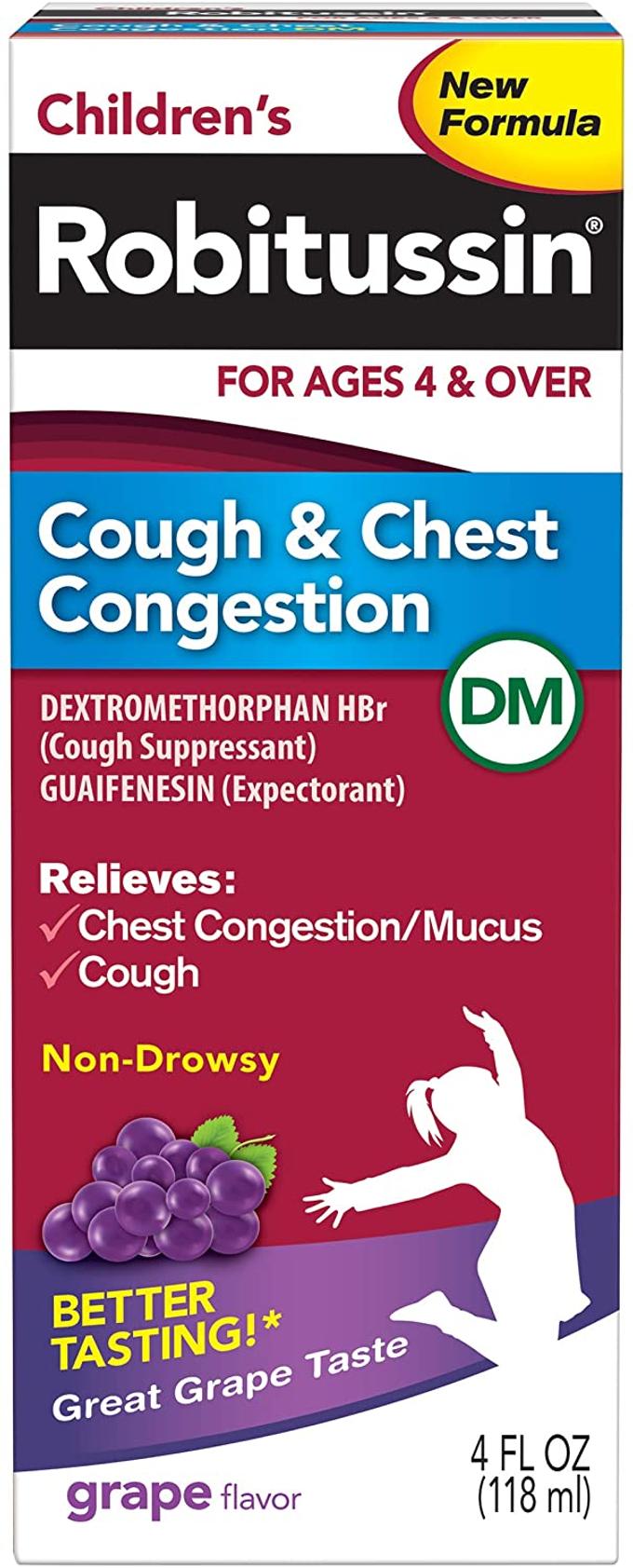 Children's Robitussin Cough & Chest Congestion DM ( fl. oz, Grape Flavor), Non-Drowsy Cough Suppressant & Expectorant, Ages + Cough & Chest Congestion, Grape, 4 Fl Oz, (Pack of 1)