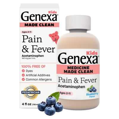 Genexa Kids' Pain & Fever Acetaminophen Suspension Medicine Carton and Bottle