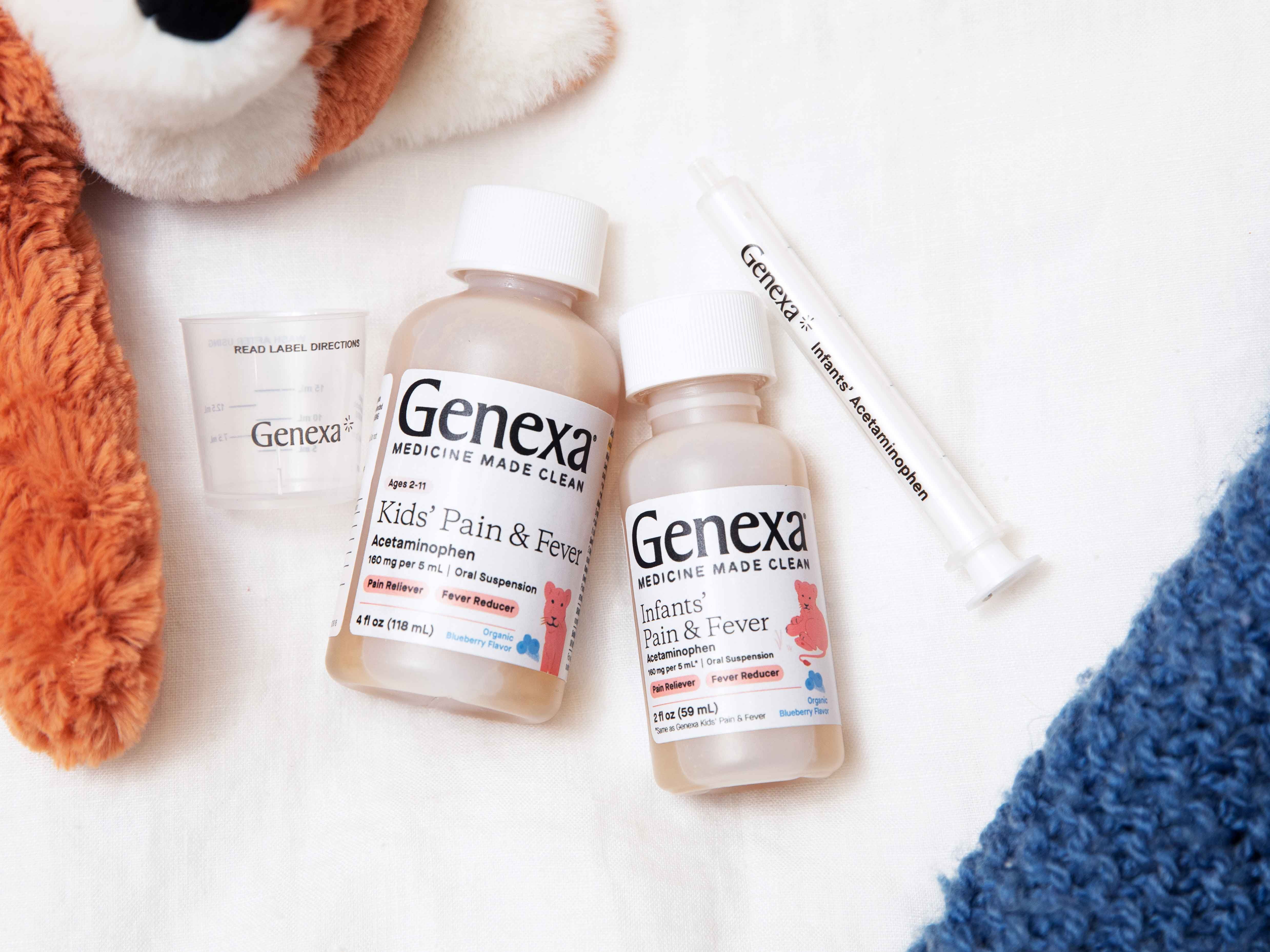 Genexa bottles of Infants' and Kids' Pain & Fever medicine