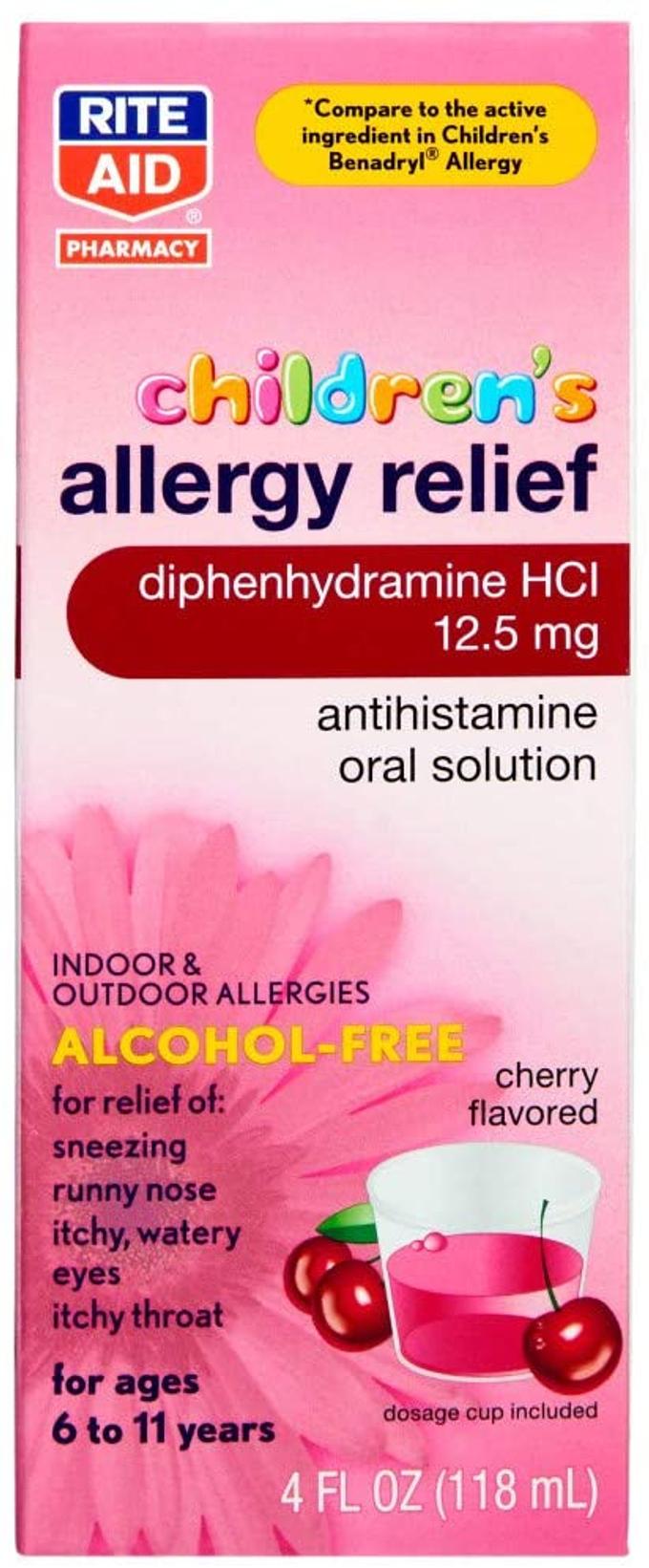 Rite Aid Children's Allergy Relief with Diphenhydramine HCI, Cherry Flavored, 12.5 mg - 4 fl oz | Allergy Medicine for Kids | Alcohol-Free