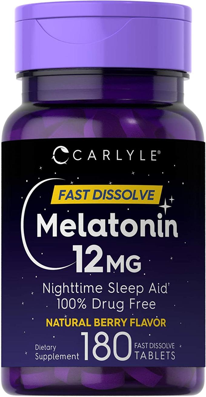 Carlyle - Melatonin 12 mg Fast Dissolve 180 Tablets , Nighttime Sleep Aid , Natural Berry Flavor , Vegetarian, Non-GMO, Gluten Free