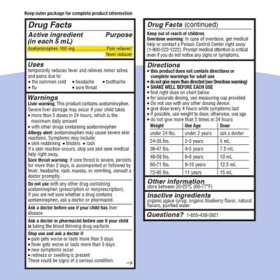 Genexa Kids' Pain & Fever Acetaminophen Suspension Medicine Carton and Bottle Drug fact