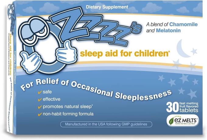 OZzzz’s - Sleep Aid for Children, with Melatonin and Chamomile, Pediatrician Formulated, Zero Sugar, Vegan, Orange Dream Flavor, 30 EZ Melt Tablets