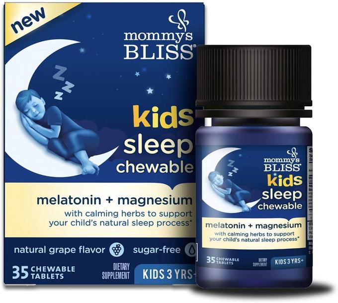 Mommy's Bliss - Kids Sleep Chewable Tablets, Melatonin & Magnesium with Calming Herbs to Support Child's Natural Sleep, Natural Grape Flavor, Sugar Free, 35 Servings