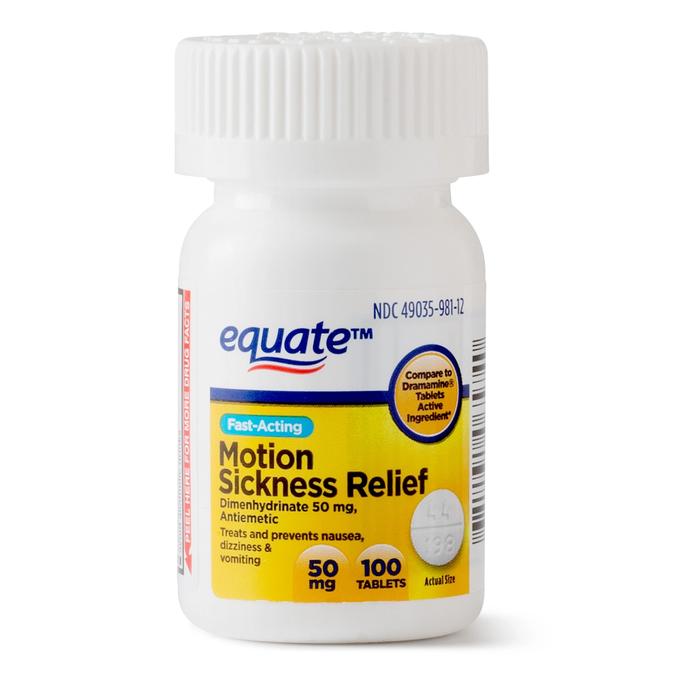 Equate - Fast Acting Motion Sickness Relief Dimenhydrinate Tablets, 50 mg, 100 Count