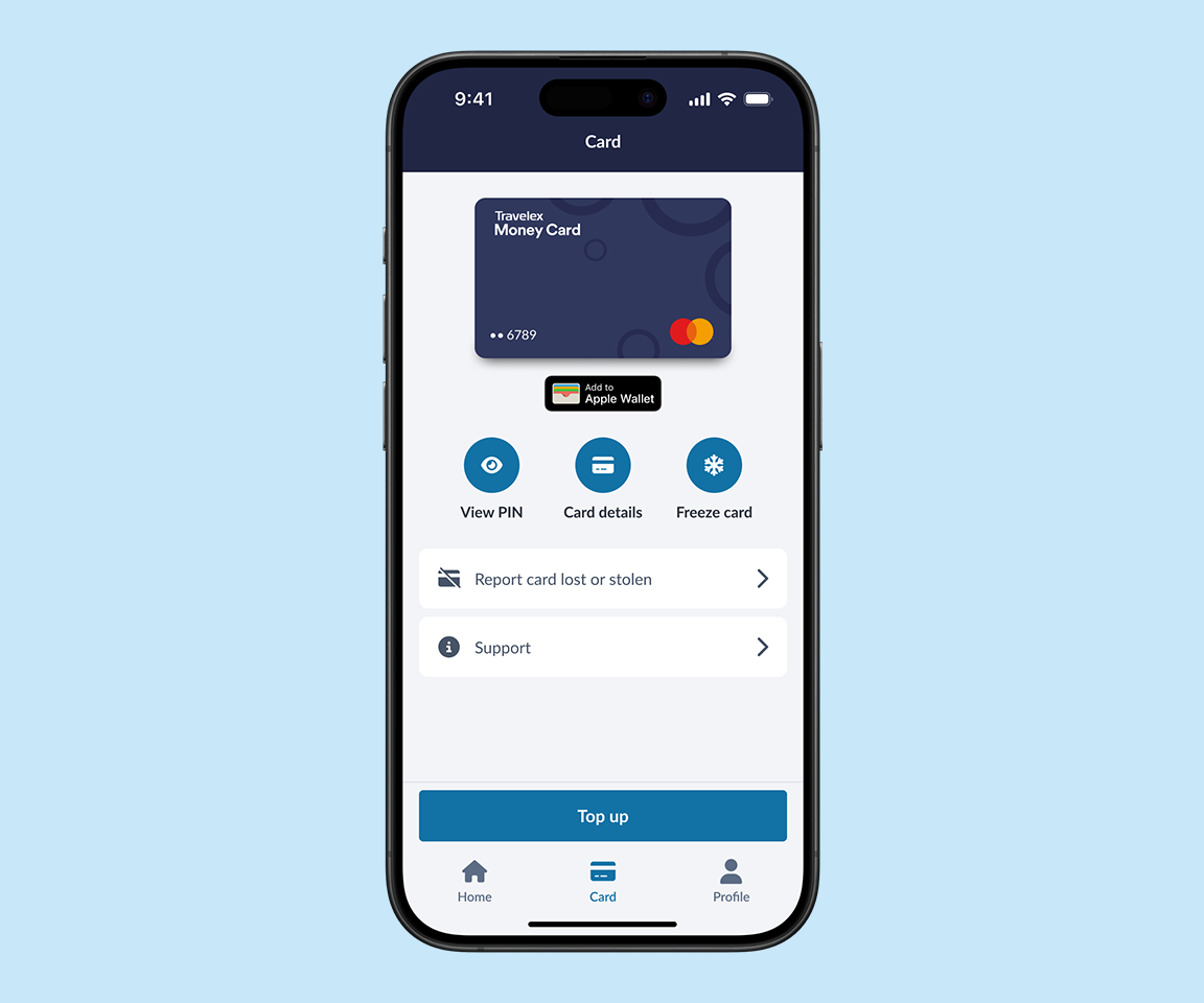 Travelex mobile app card screen showing prepaid money card, Apple Wallet option, PIN viewing, freeze card, and support features.