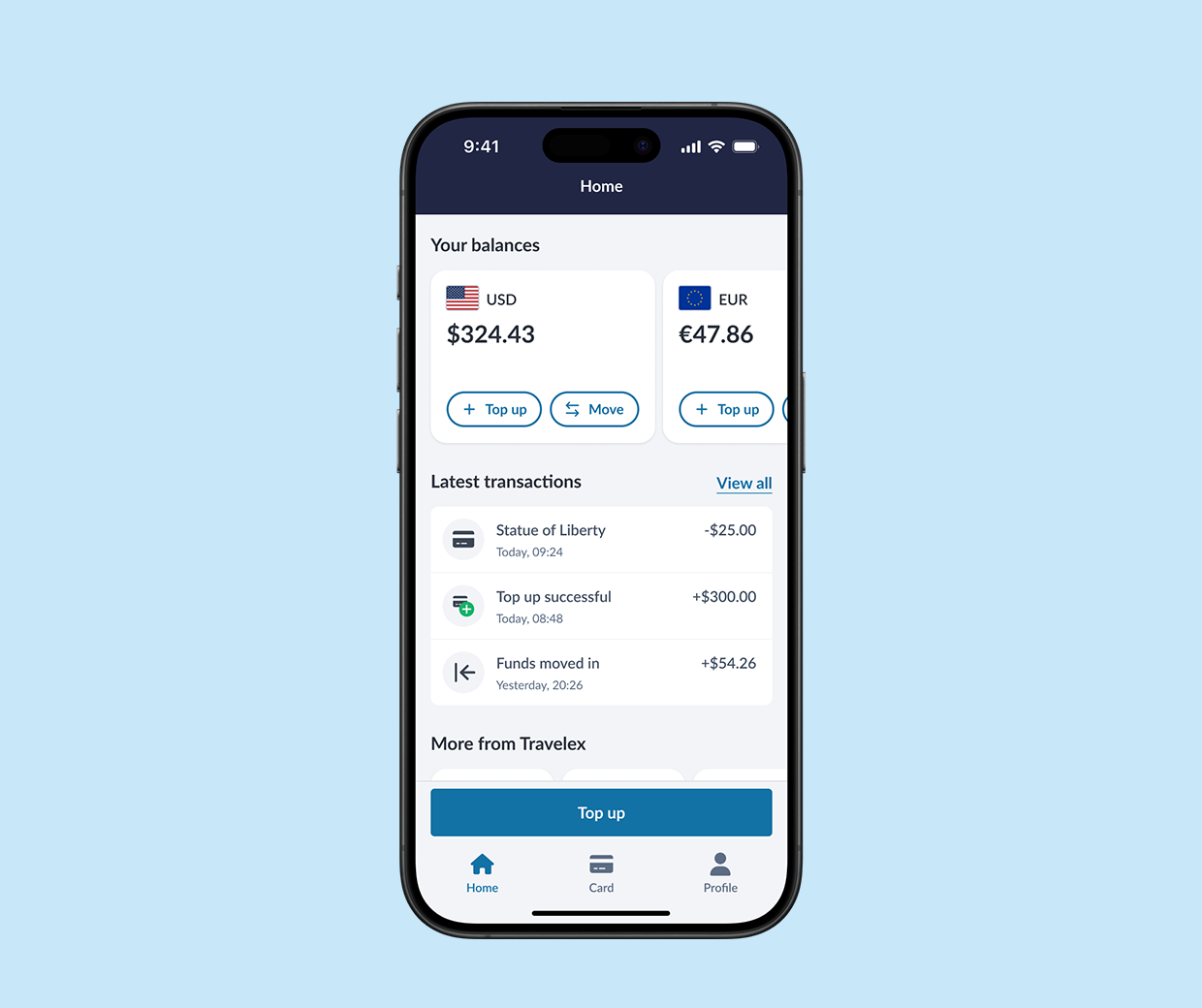 Travelex mobile app home screen showing USD and EUR balances with recent transactions and top-up options.