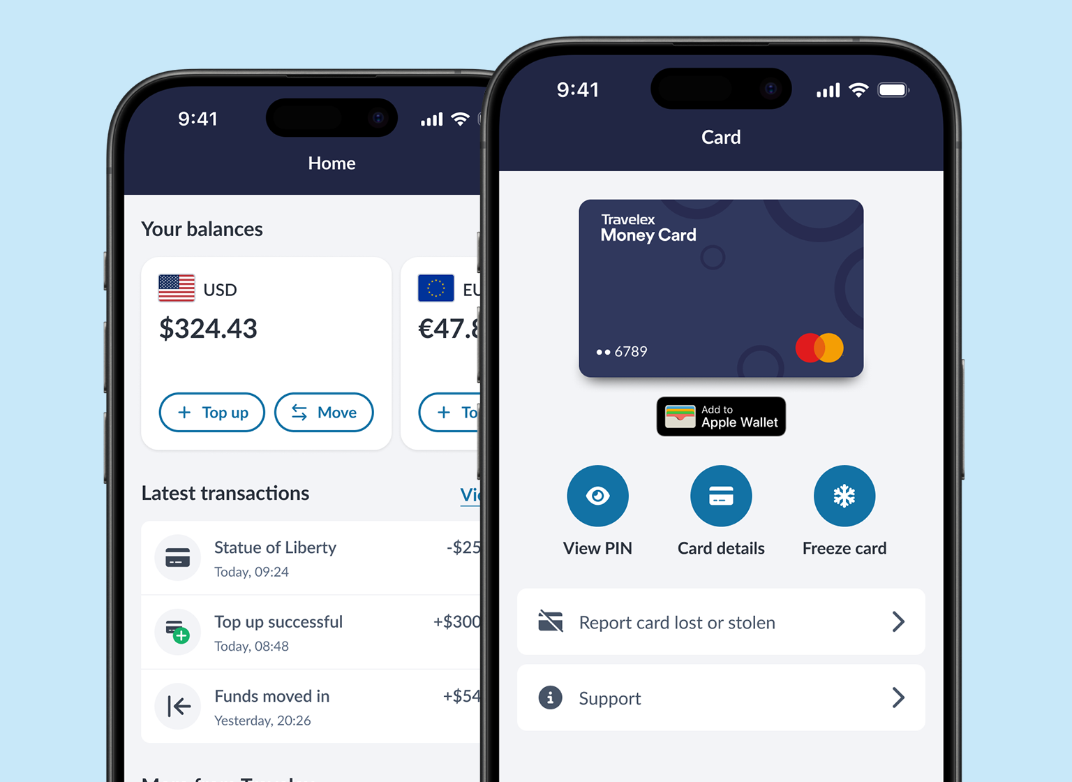 Travelex mobile app showing home screen with currency balances and transactions alongside card management screen with prepaid money card, Apple Wallet, PIN and freeze options.