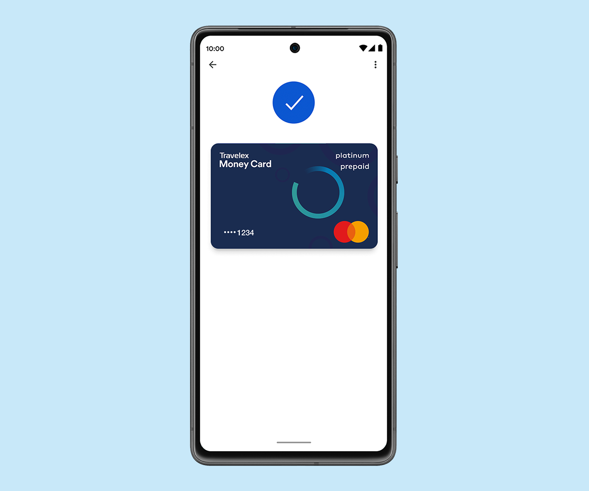 Travelex Money Card successfully added to Google Wallet with confirmation checkmark ready for Google Pay use.