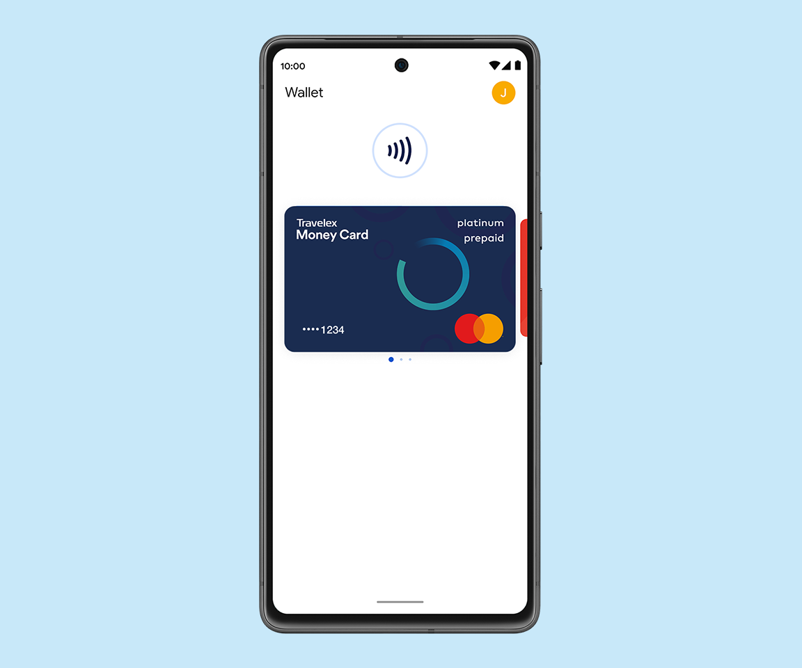 Travelex Money Card displayed in Google Wallet ready for contactless payment with Google Pay.