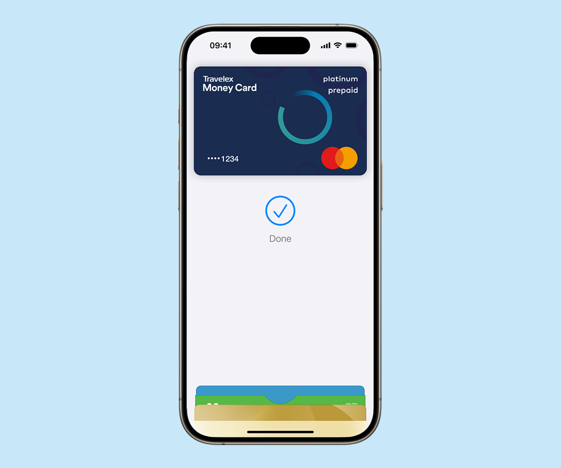 Travelex Money Card successfully added to Apple Wallet with confirmation tick, ready for Apple Pay use.