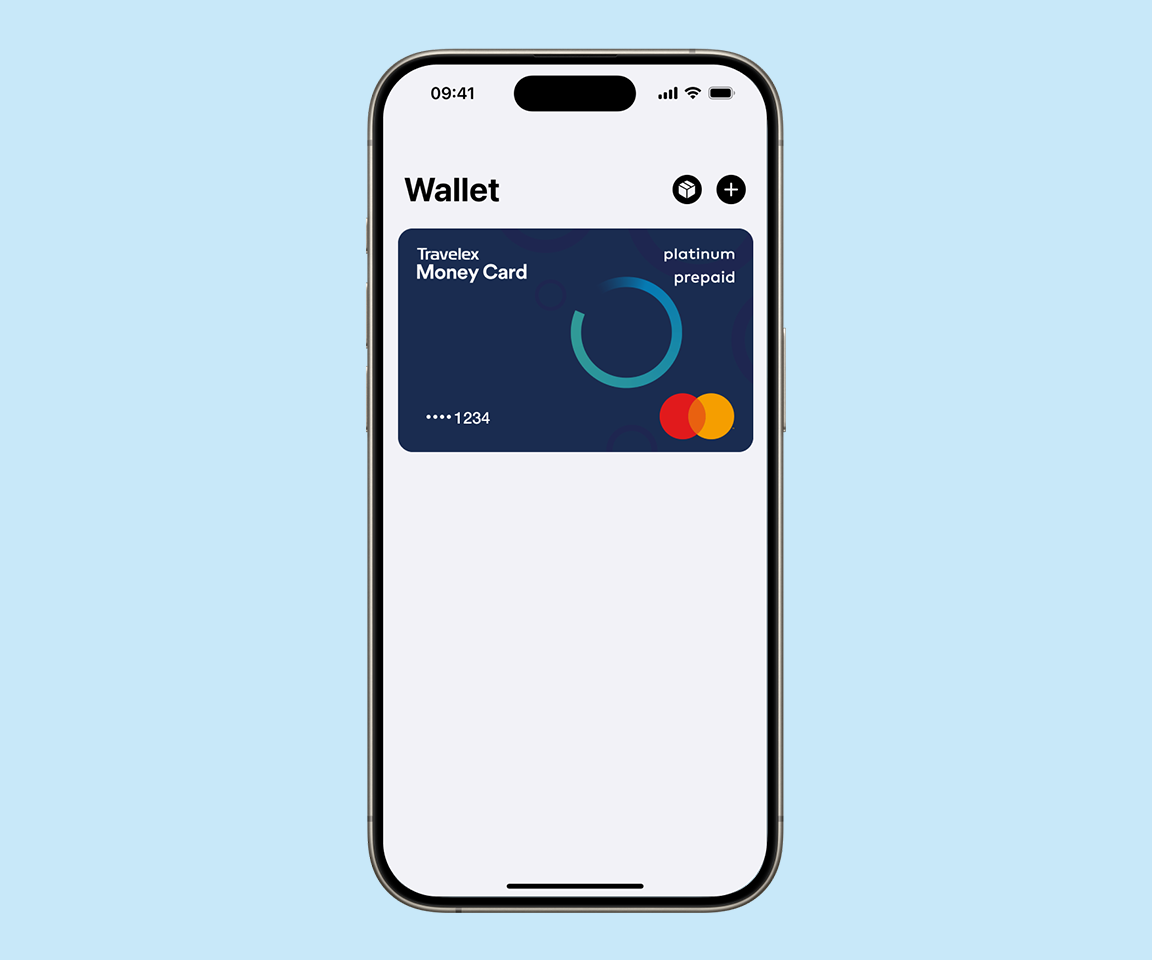 Travelex Money Card displayed in Apple Wallet ready for contactless payment with Apple Pay.