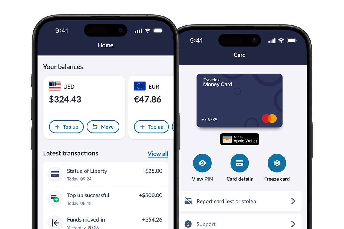 Travelex mobile app showing home screen with balances alongside card management screen with prepaid travel money card and controls.