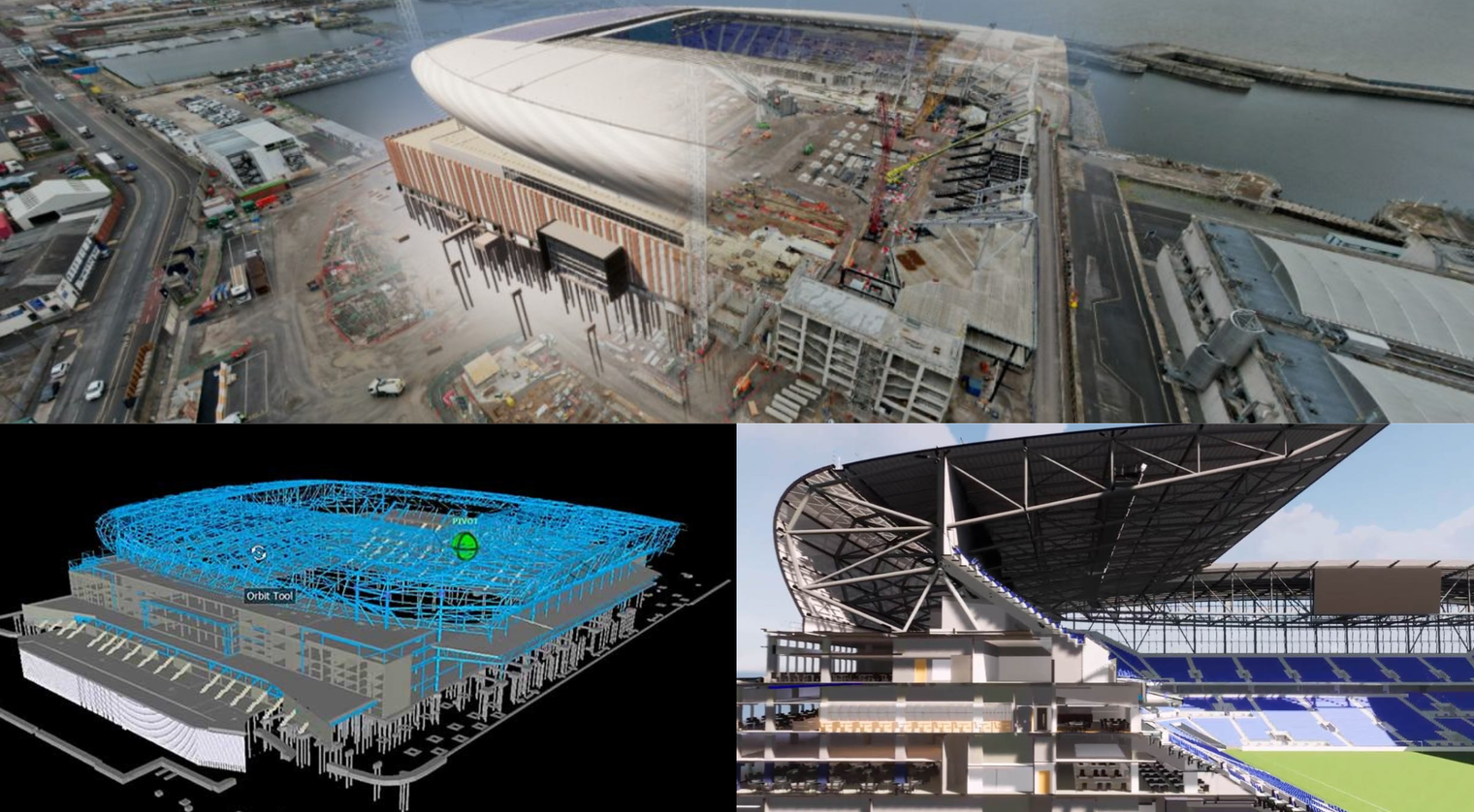 Drone data feeds into a 4D model digital twin of the Everton Stadium.